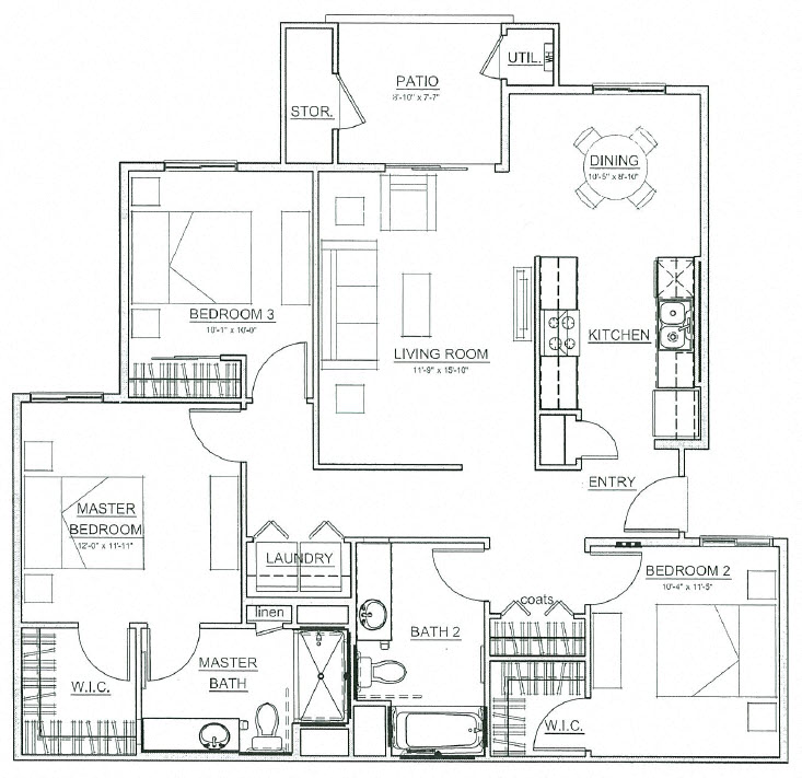 Floor plan for 3 beds, 2 baths, 1352 sqft